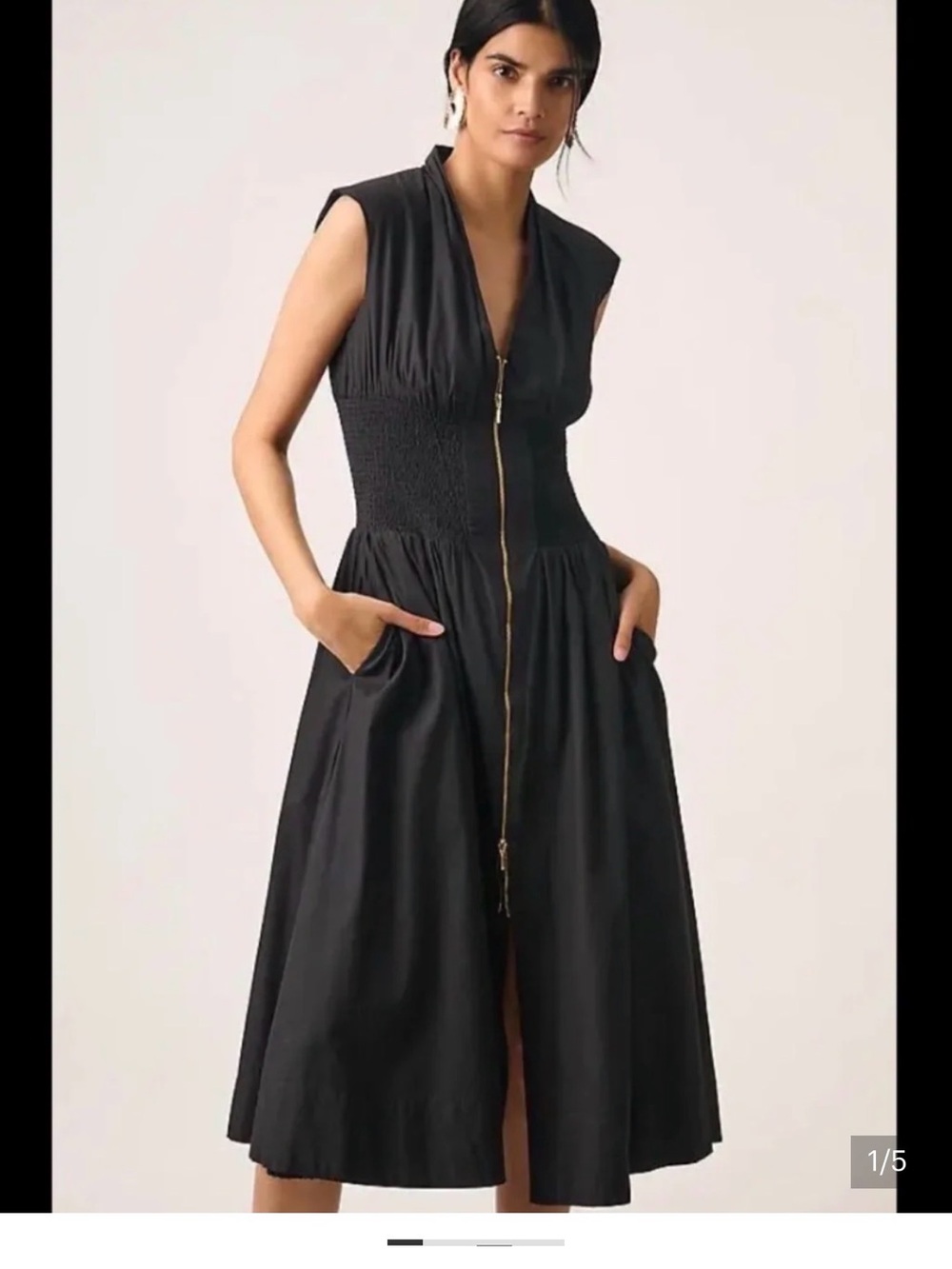Anthropologie Black Sleeveless Zip-Front Smocked Waist Midi Dress